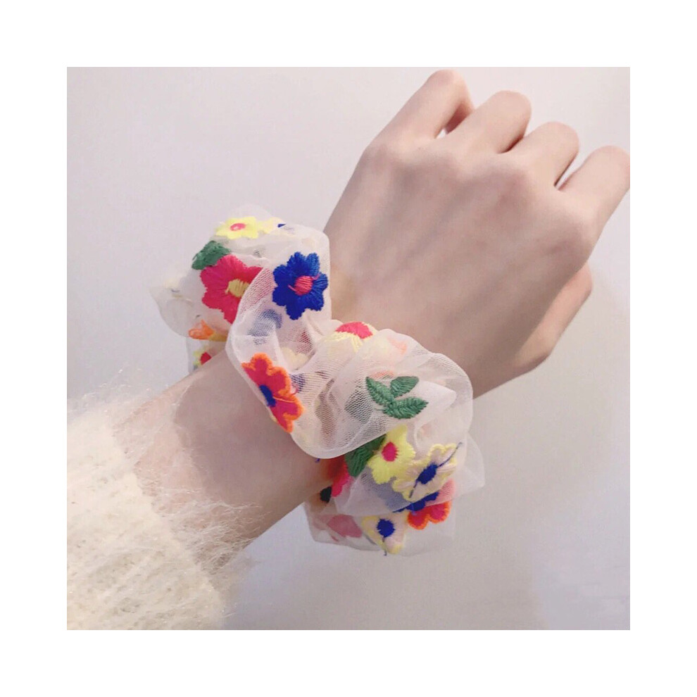 Phui-Pet-Supplies (Creamy White) Floral Mesh Scrunchie - Colorful Hair Tie For Women
