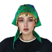 Women's Ethnic Headscarf with Gold Frinted and Floral-Green