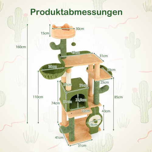 Scratching post cactus 160cm cat tree with cat cave cat scratching post play tree wood 2