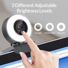 Webcam StreamMaster: Full HD 1080p, luz de preenchimento circular ajustável em 3 níveis, plug & play, microfone embutido, foco automático