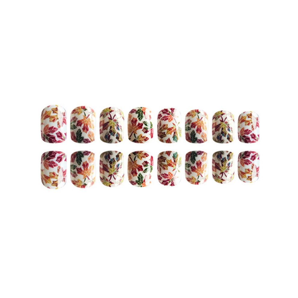 Hue-Grain Maple Leaf Print White Square False Nails