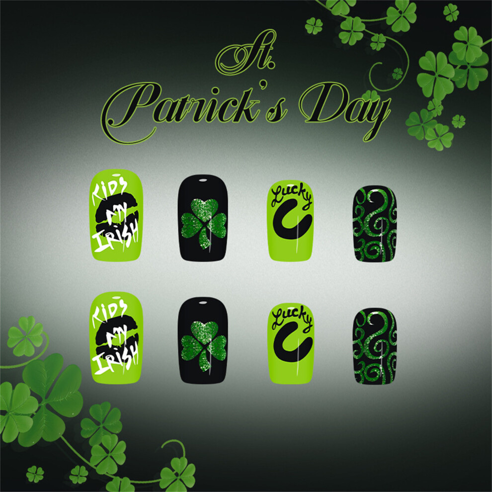 Dcph-Clothing 24Pcs Green Glitter Short Fake Nails For Women