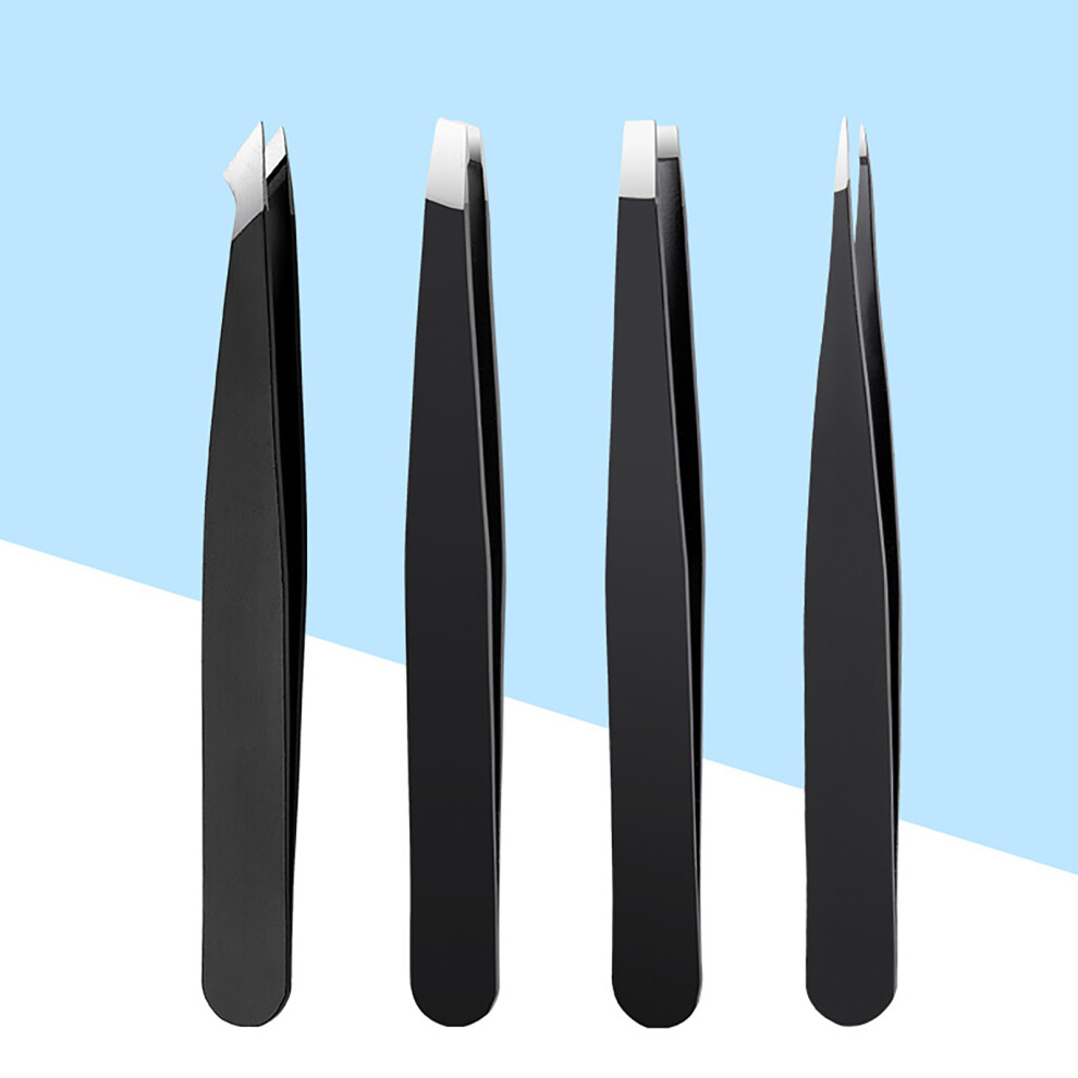 Hue-Grain (Black) 4Pcs Stainless Steel Tweezers For Eyebrows & Hair