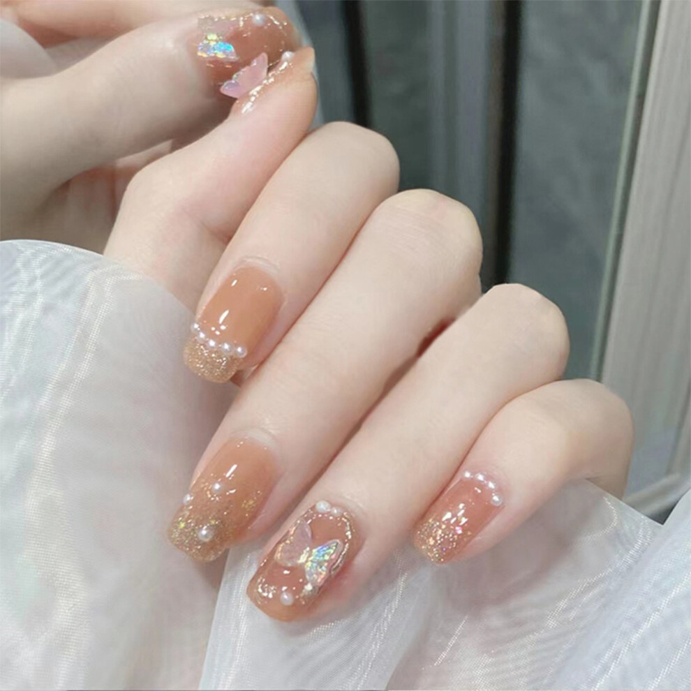 Zhouq-Outdoors (Jelly Glue Model) Pearl Butterfly Orange Fake Nails - Diy Nail Art