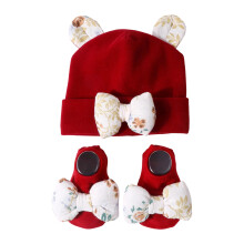 2PCS Infant Hat Set Soft Cotton Blend Knot Design-Burgundy