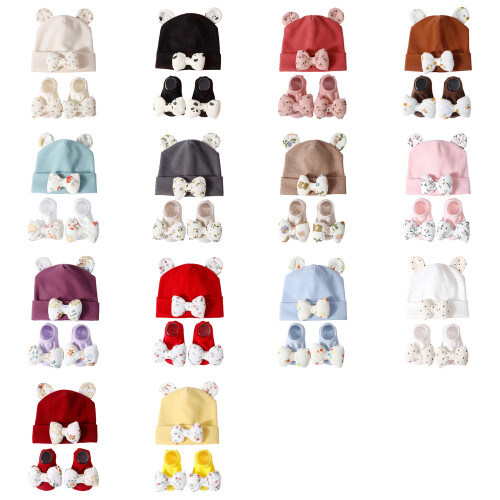 2PCS Infant Hat Set Soft Cotton Blend Knot Design-Burgundy 1