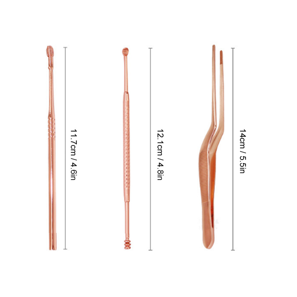 Gold 3Pcs Rose Stainless Steel Ear Pick Set - Double Head Wax Remover Tweezers