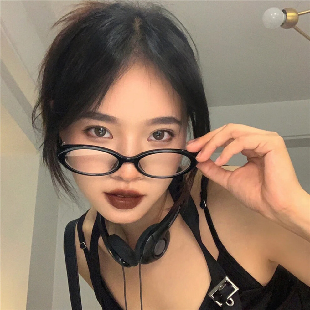 Hue-Grain (Bright Black Frame, 0 Degrees) Blue Light Blocking Glasses For Women - Oval Frame