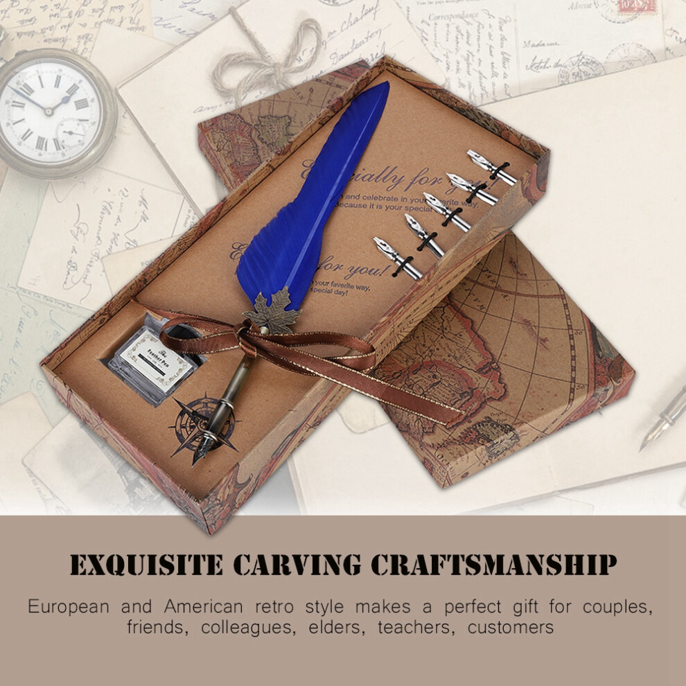 European Retro Feather Quill Pen Set With Ink Bottle, Blue 8761392485050