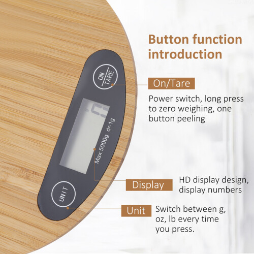 Bamboo LED Kitchen Scale 5kg/1g, 20x20x2cm, Brown