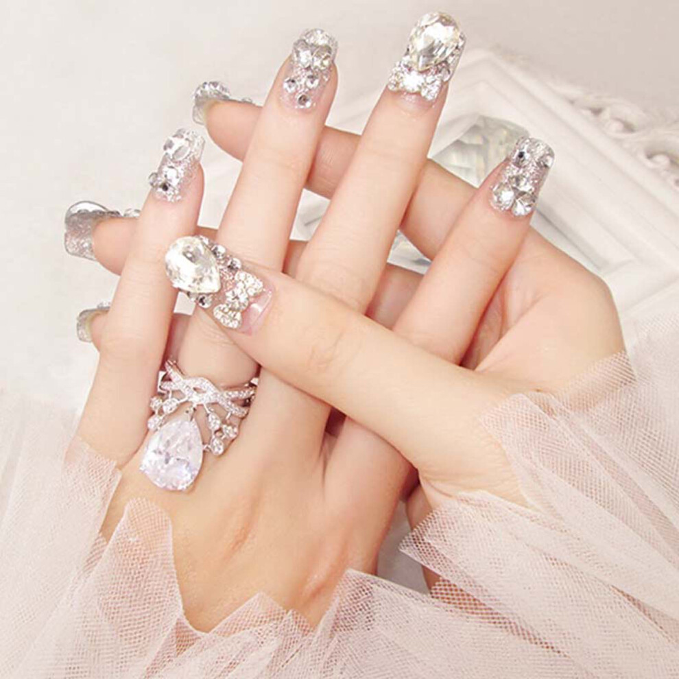 Dcph-Clothing 24Pcs Glitter Coffin Nails With Rhinestones
