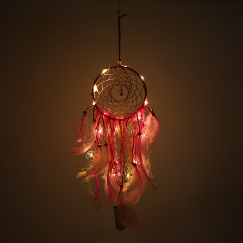 Pink Feather Dreamcatcher Wall Hanging Pendant with Night Light, 33 cm