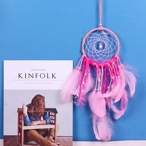 Pink Feather Dreamcatcher Wall Hanging Pendant with Night Light, 33 cm 2