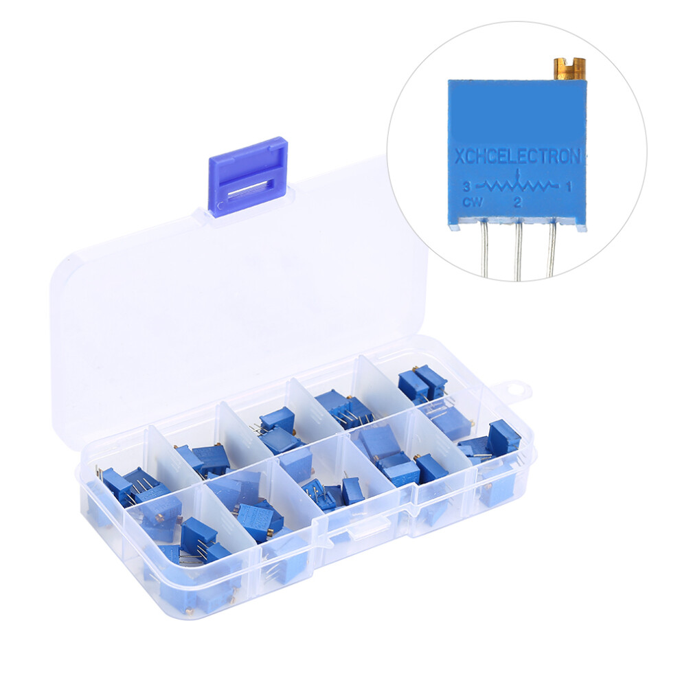 50Pcs Adjustable 3296W Resistors 100Î©-500Kî© In Blue Plastic Storage Box 3311392514653