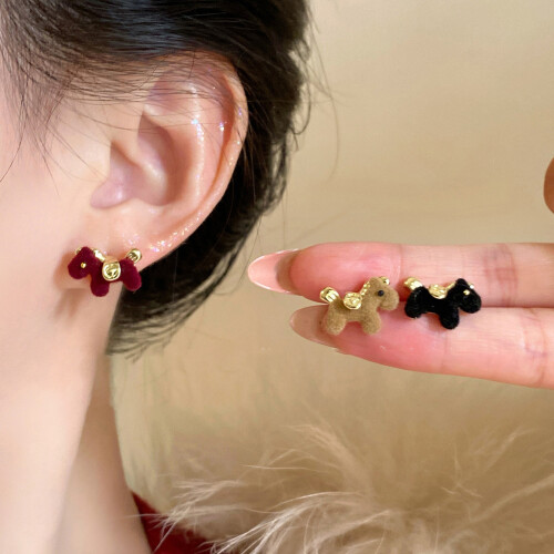 Everyday Horse Earrings Flocking Materials Ear Studs for-Black 1
