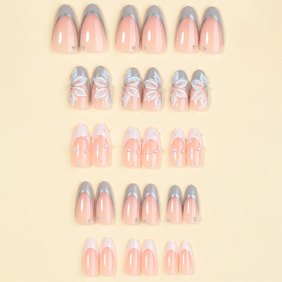 Hue-Grain 30Pcs Almond Press On Nails French Flower Design