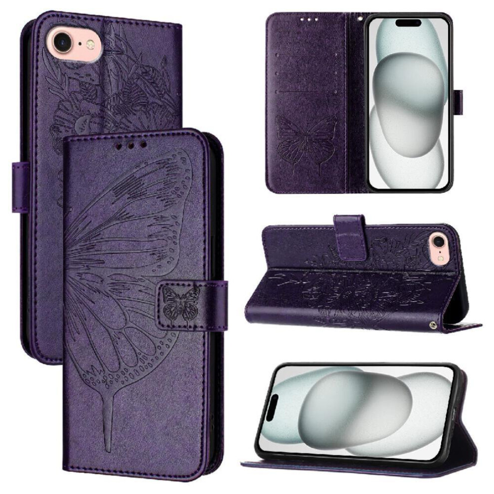 ( Violet) Case For Iphone 17E Embossing Butterfly Premium Leather Flip Cover Magnetic Dark 764563241989