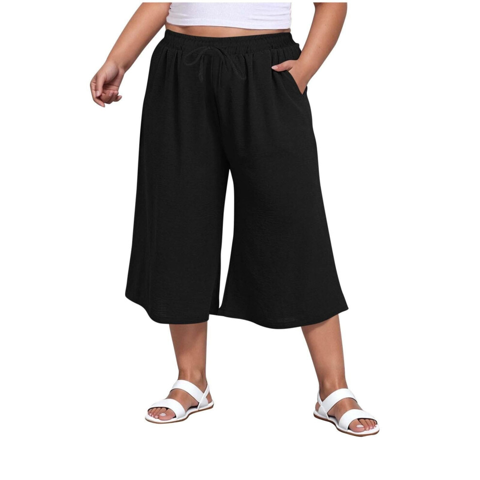 Black Women Wide Leg Pants High Waist Drawstring Casual- Xl
