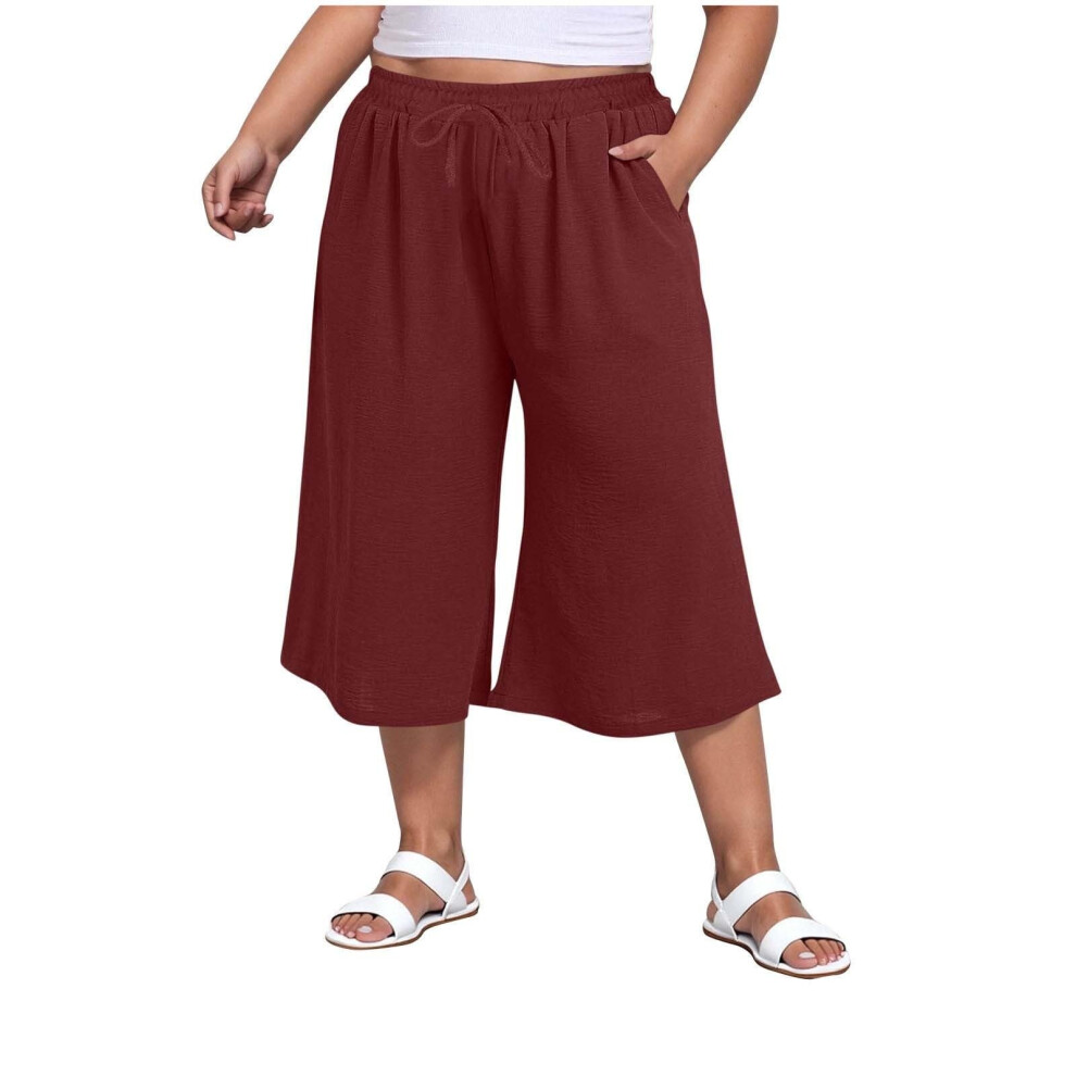 Red Women Wide Leg Pants High Waist Drawstring Casual- Xxl