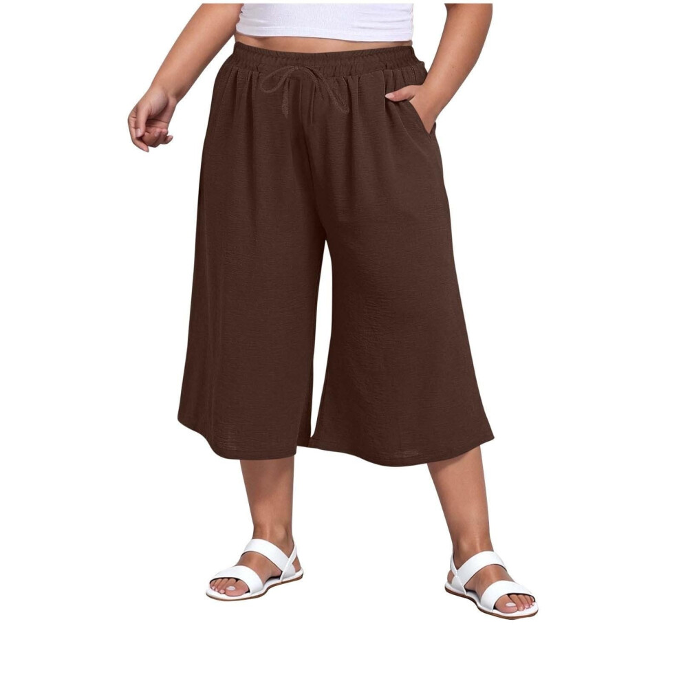 Women Wide Leg Pants High Waist Drawstring Casual-Coffee XXL