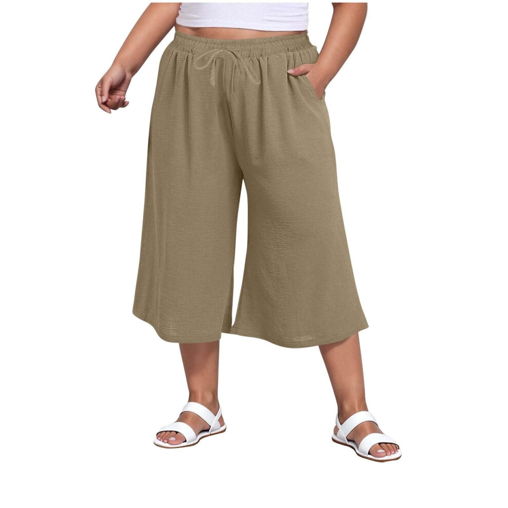 Women Wide Leg Pants High Waist Drawstring Casual-Khaki XL