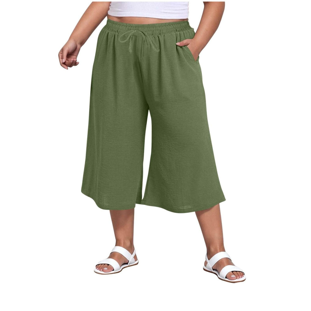 Green Women Wide Leg Pants High Waist Drawstring Casual- Xxl