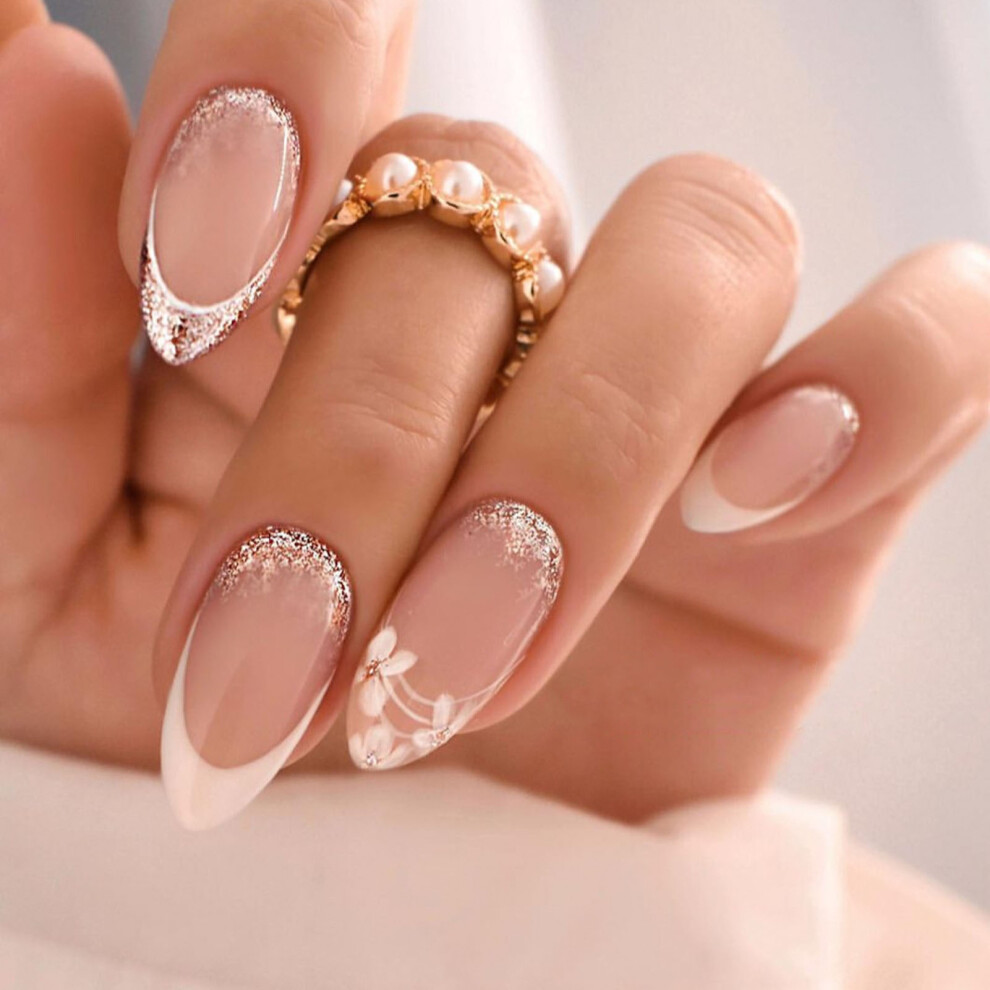 Roc-Electron White Tip Almond Fake Nails - Natural & Unbreakable