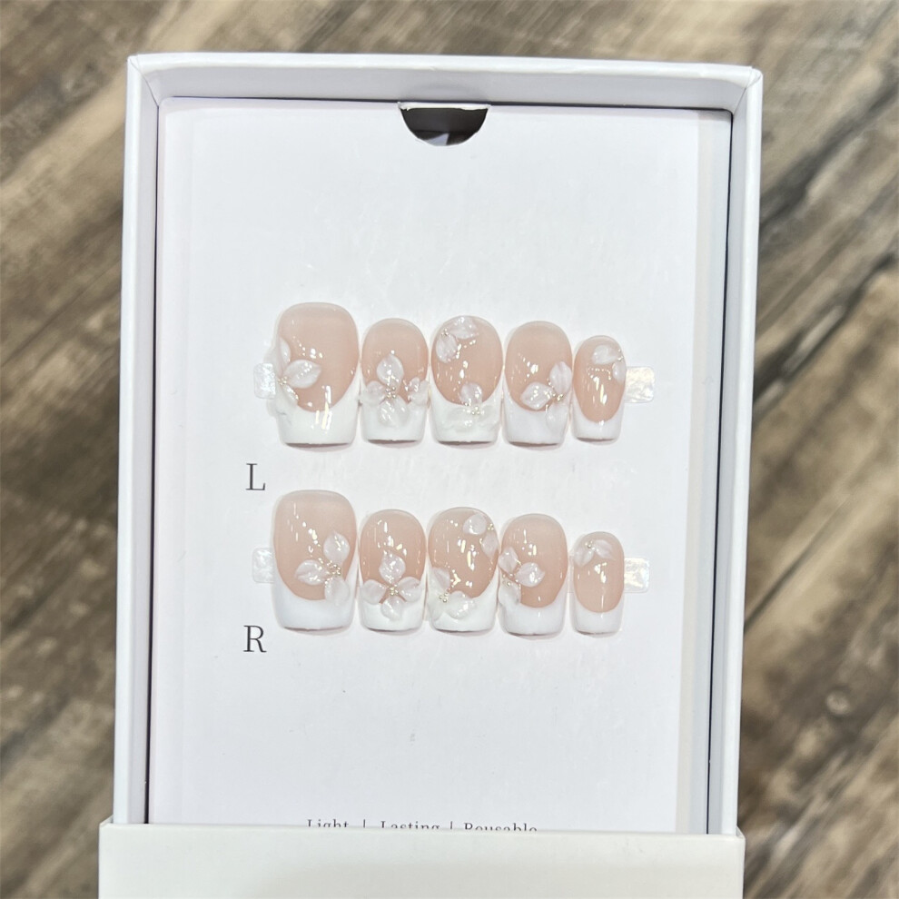 Dcph-Clothing (Medium Square, Xs) 10Pcs Nude French Tip False Nails With Flower Decor