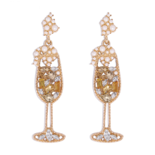 Champagne Wine Glass Dangle Earrings - Handmade Rhinestones Crystal Pearl Beaded Drop Earrings for Bride Fun Dainty Occasions - Jewelry