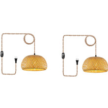 2X Plug in Pendant Light Hanging Lamp with Jute Rope Cord Bamboo Lampshade Wicker Rattan Hanging Lights US Plug