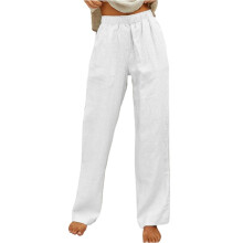 Women's Cotton Linen Wide Leg Pants High Elastic Waist-White L