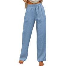 Women's Cotton Linen Wide Leg Pants High Elastic-Light Blue L