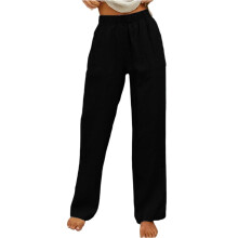 Women's Cotton Linen Wide Leg Pants High Elastic-Black XXXL