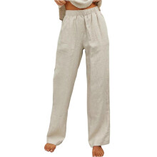 Women's Cotton Linen Wide Leg Pants High Elastic-Apricot M
