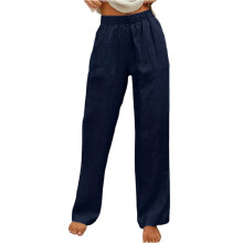 Women's Cotton Linen Wide Leg Pants High Elastic-Dark Blue XL