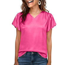 Women Silk Satin Tops Cap Short Sleeve Blouse V Neck-Pink L