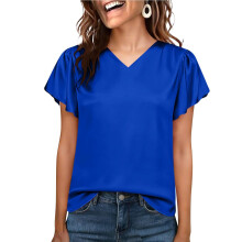 Women Silk Satin Tops Cap Short Sleeve Blouse V Neck-Blue L