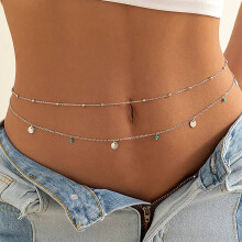 (Round turquoise silver) HKEDES Fashion Multi-layer Body Chain, Women's Summer Sequin Sexy Waist Chain Hip-hop Body Chain