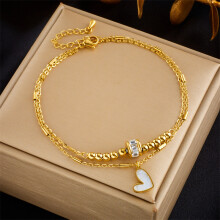 (B897) HKEDES Niche Design Minimalist Premium Retro Double Layer Stackable Anklet with Pearl Heart Diamond Star Pendant for Women