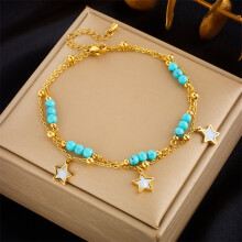 (B900) HKEDES Niche Design Minimalist Premium Retro Double Layer Stackable Anklet with Pearl Heart Diamond Star Pendant for Women