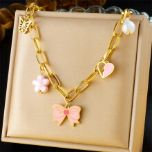 (N3121 necklace) HKEDES Cute Enamel Pink Bow Flower Cherry Butterfly Charms, Four-Leaf Clover Design Stainless Steel Jewelry Set for Women