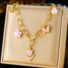 (N3120 necklace) HKEDES Cute Enamel Pink Bow Flower Cherry Butterfly Charms, Four-Leaf Clover Design Stainless Steel Jewelry Set for Women