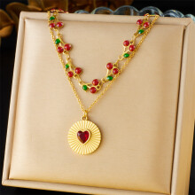 (N3114) HKEDES Women's Retro Double Layer Chain Diamond Inlaid Enamel Cherry Fruit Heart Compass Stainless Steel Necklace
