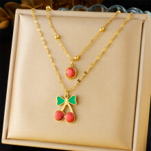 (N3115) HKEDES Women's Retro Double Layer Chain Diamond Inlaid Enamel Cherry Fruit Heart Compass Stainless Steel Necklace