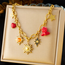 (N3111) HKEDES Women's Retro Double Layer Chain Diamond Inlaid Enamel Cherry Fruit Heart Compass Stainless Steel Necklace