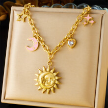 (N3117) HKEDES Women's Retro Double Layer Chain Diamond Inlaid Enamel Cherry Fruit Heart Compass Stainless Steel Necklace