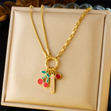 (N3119) HKEDES Women's Retro Double Layer Chain Diamond Inlaid Enamel Cherry Fruit Heart Compass Stainless Steel Necklace