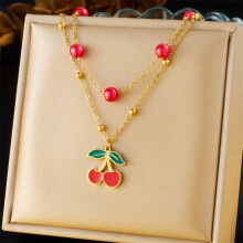 (N3118) HKEDES Women's Retro Double Layer Chain Diamond Inlaid Enamel Cherry Fruit Heart Compass Stainless Steel Necklace