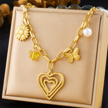 (N3172) HKEDES Fashion Spiral Oval Heart Large Pendant Sweater Necklace, Crystal Butterfly Floral Multi-element Accessory Necklace for Women