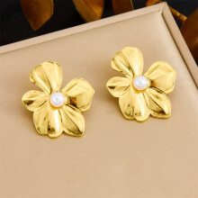 (E6212) HKEDES Vintage Gold-Plated Heart Fan Turquoise Pearl Stainless Steel Earring & Necklace Jewelry Set for Women